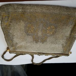 VINTAGE BEADED BAG 9X6 MADE IN FRANCE SILK LINNING, GOLD AND SILVER BEADS